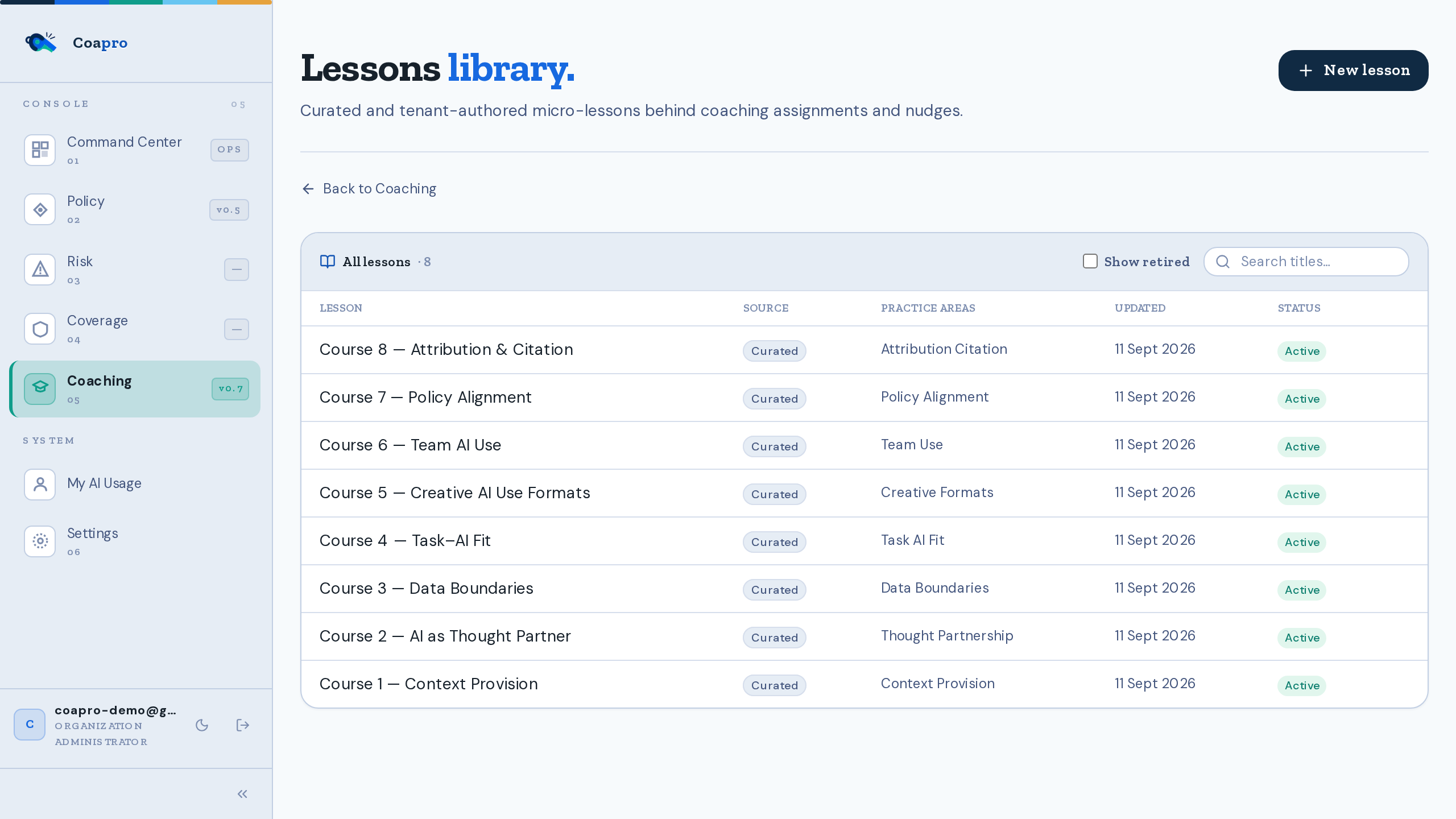 Coapro lessons page with targeted lesson assignments and progress