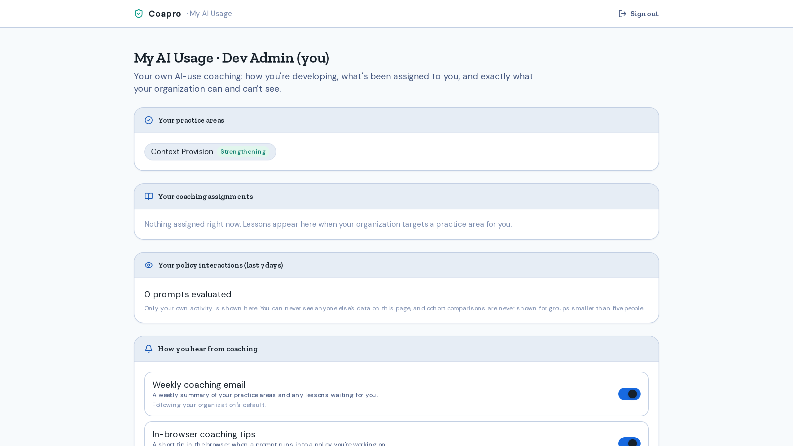Coapro My AI Usage employee transparency page